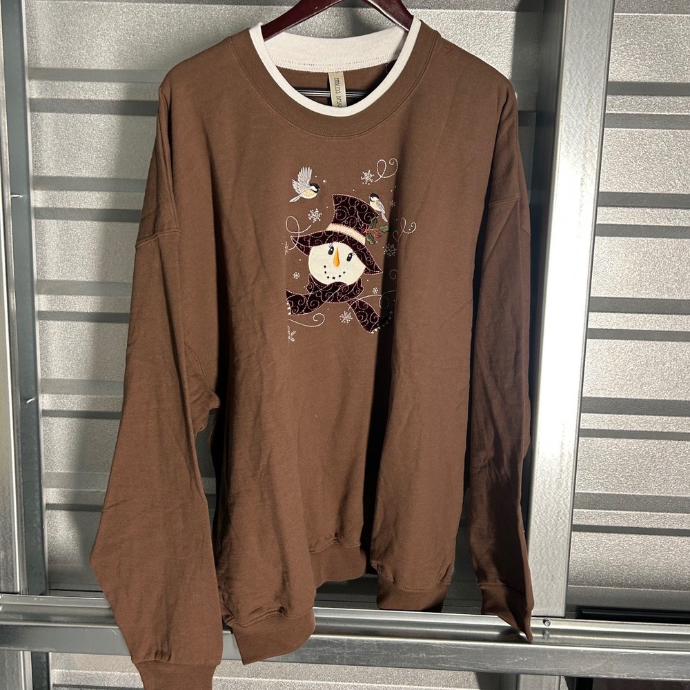 Endless Designs Snowman Sweatshirt Womens 3X Brown Winter Embroidered Holiday